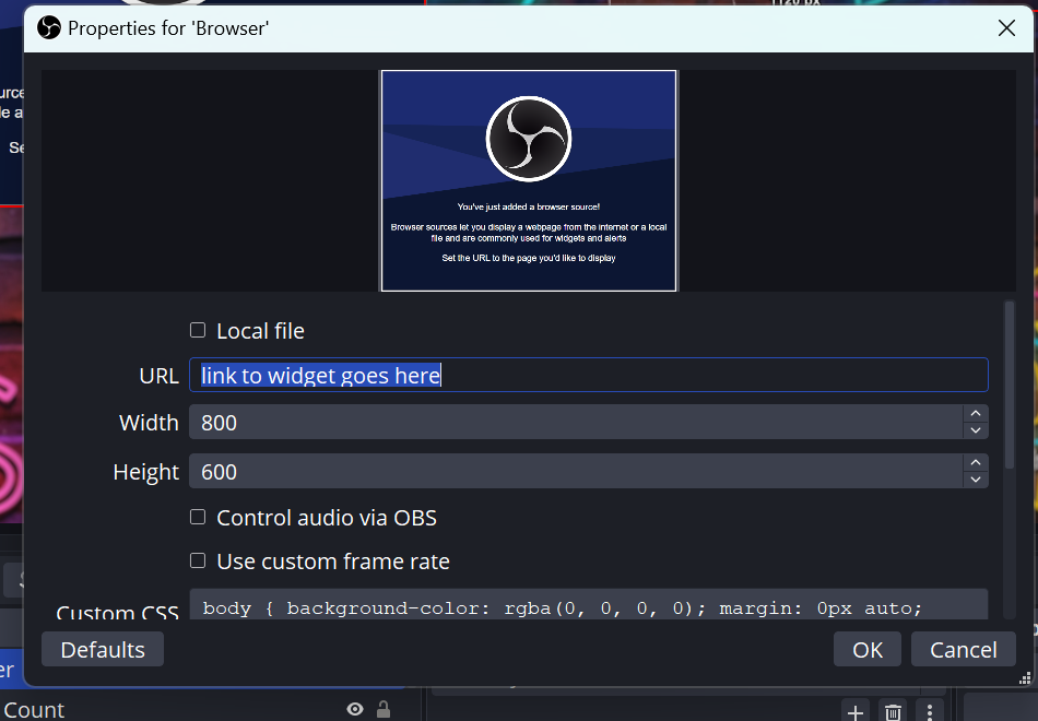 obs studio add browser source window